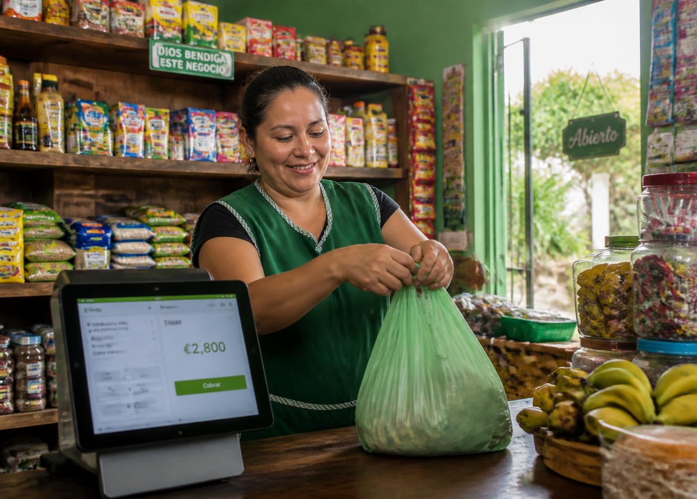 Dueña de pulpería cobrando una venta en una tablet con Jīn Shā POS